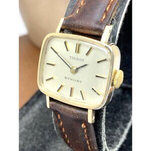 Tissot Womens Watch Vintage Swiss Mechanical Gold Silver Dial Brown Leather Band